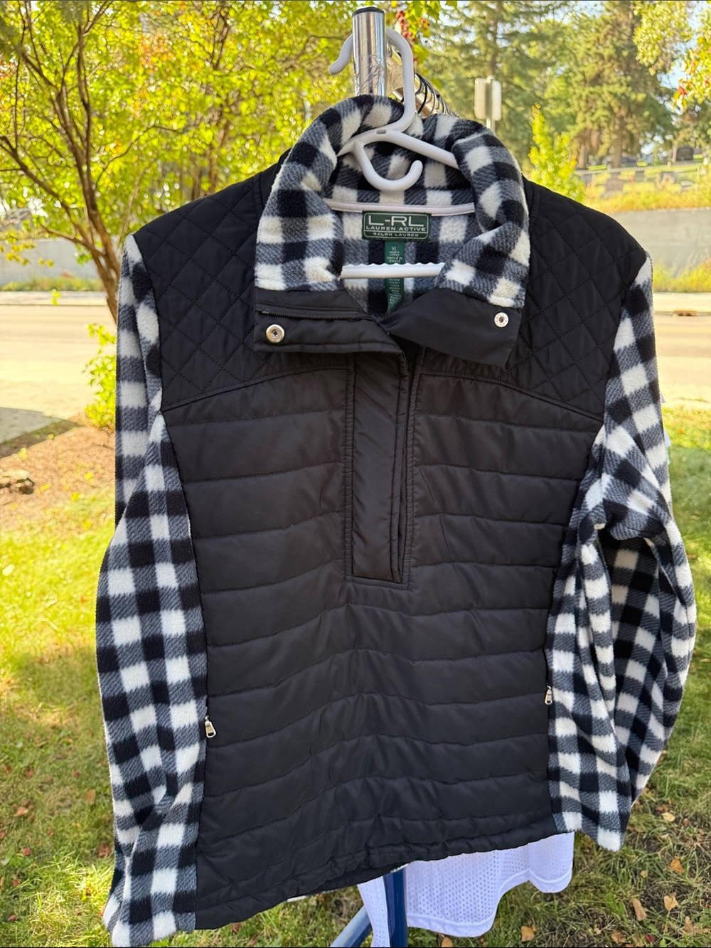 Ralph Lauren Black Quilted Pullover with Black & White Plaid Sleeves